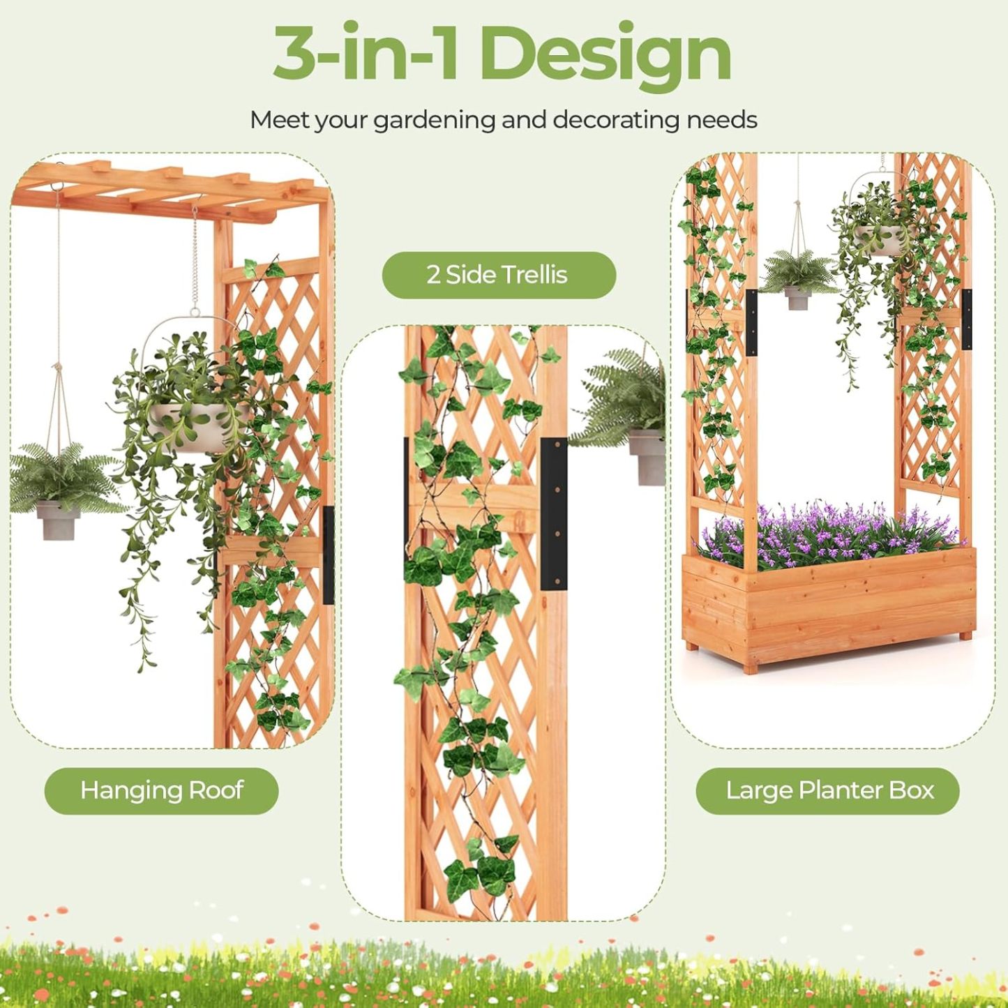 72" Raised Garden Bed with Trellis, Freestanding Wood Planter Box w/Hanging Roof & 2 Drainage Holes for Vine, Climbing Plants, Flowers, Outdoor Planter