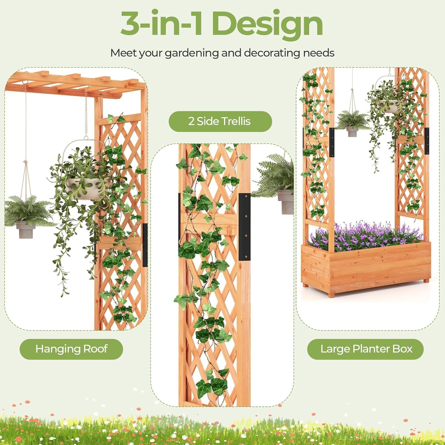 72" Raised Garden Bed with Trellis, Freestanding Wood Planter Box w/Hanging Roof & 2 Drainage Holes for Vine, Climbing Plants, Flowers, Outdoor Planter