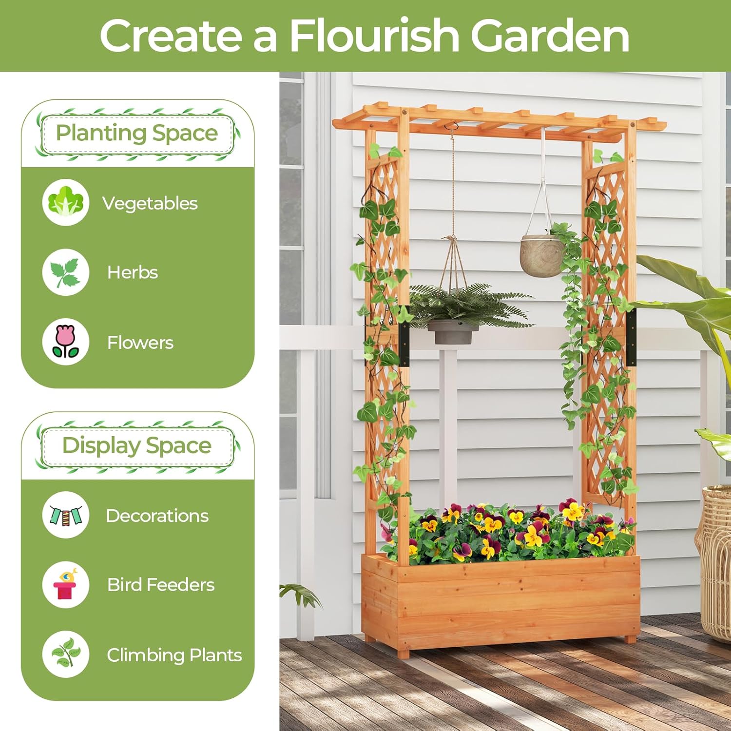 72" Raised Garden Bed with Trellis, Freestanding Wood Planter Box w/Hanging Roof & 2 Drainage Holes for Vine, Climbing Plants, Flowers, Outdoor Planter