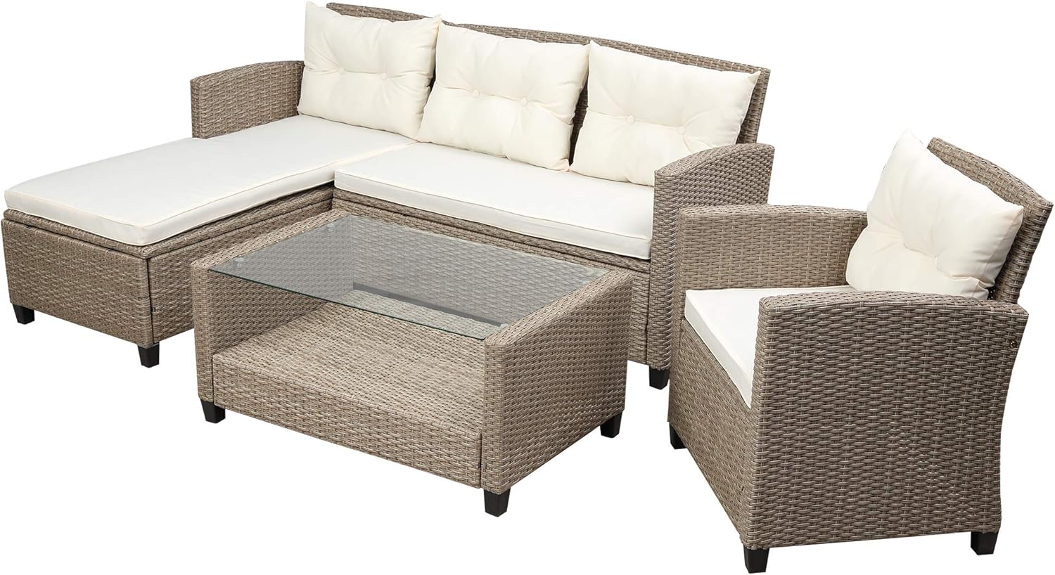 4-Piece Conversation Set Wicker Ratten Sectional Sofa Outdoor Couch with Coffee Table and Cushions Lounge Sofa for Yard, Garden (Beige)