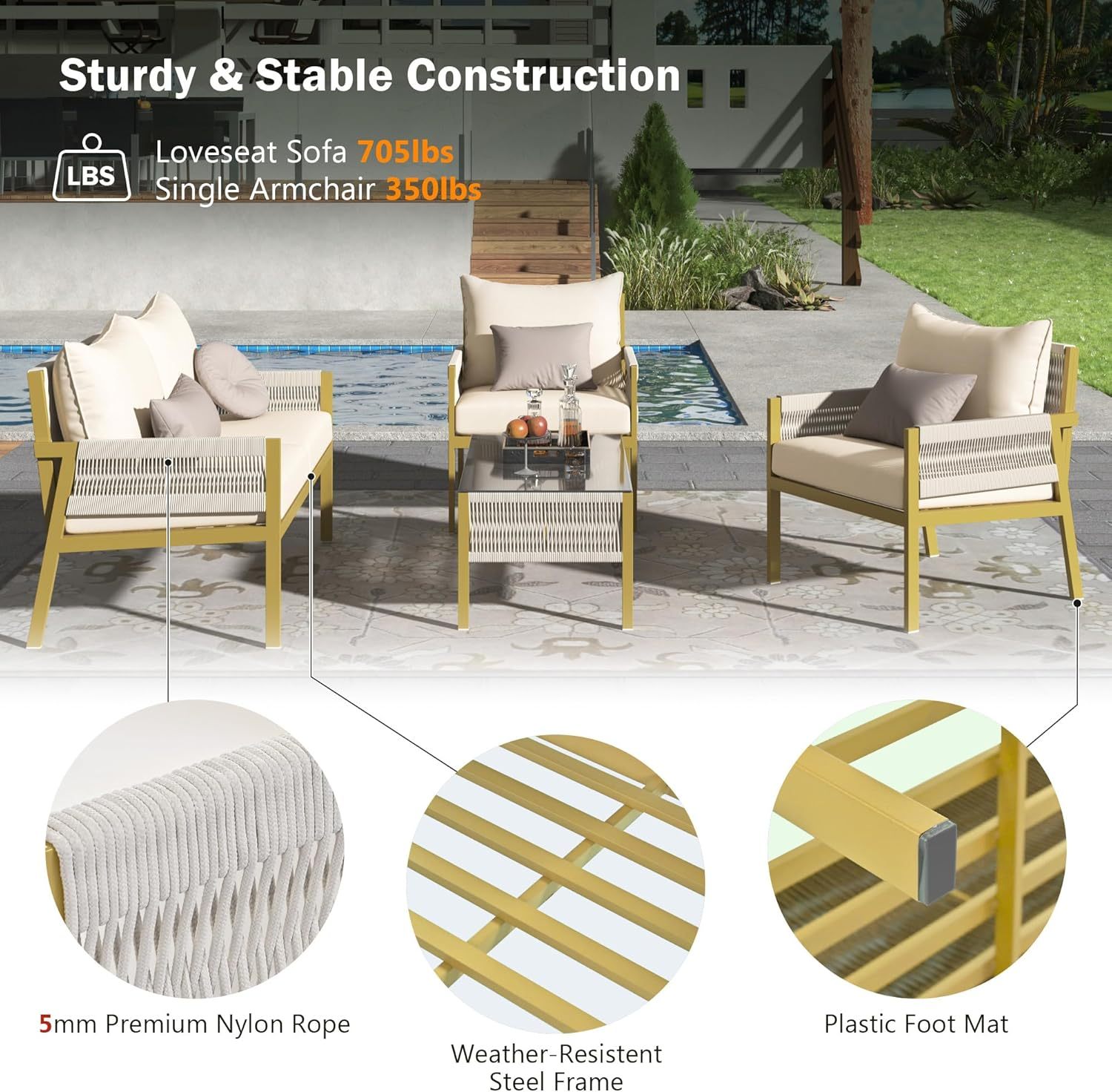 4-Piece Outdoor Patio Furniture Set - Outdoor Rope Furniture with Tempered Glass Table, Patio Conversation Set Deep Seating with Thick Cushion