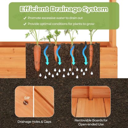 Raised Garden Bed with Trellis, Freestanding Wood Planter Box w/Hanging Roof & 8 Drainage Holes for Vine, Climbing Plants, Flowers, Outdoor Planter with Trellis