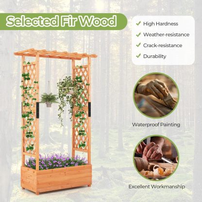 72" Raised Garden Bed with Trellis, Freestanding Wood Planter Box w/Hanging Roof & 2 Drainage Holes for Vine, Climbing Plants, Flowers, Outdoor Planter