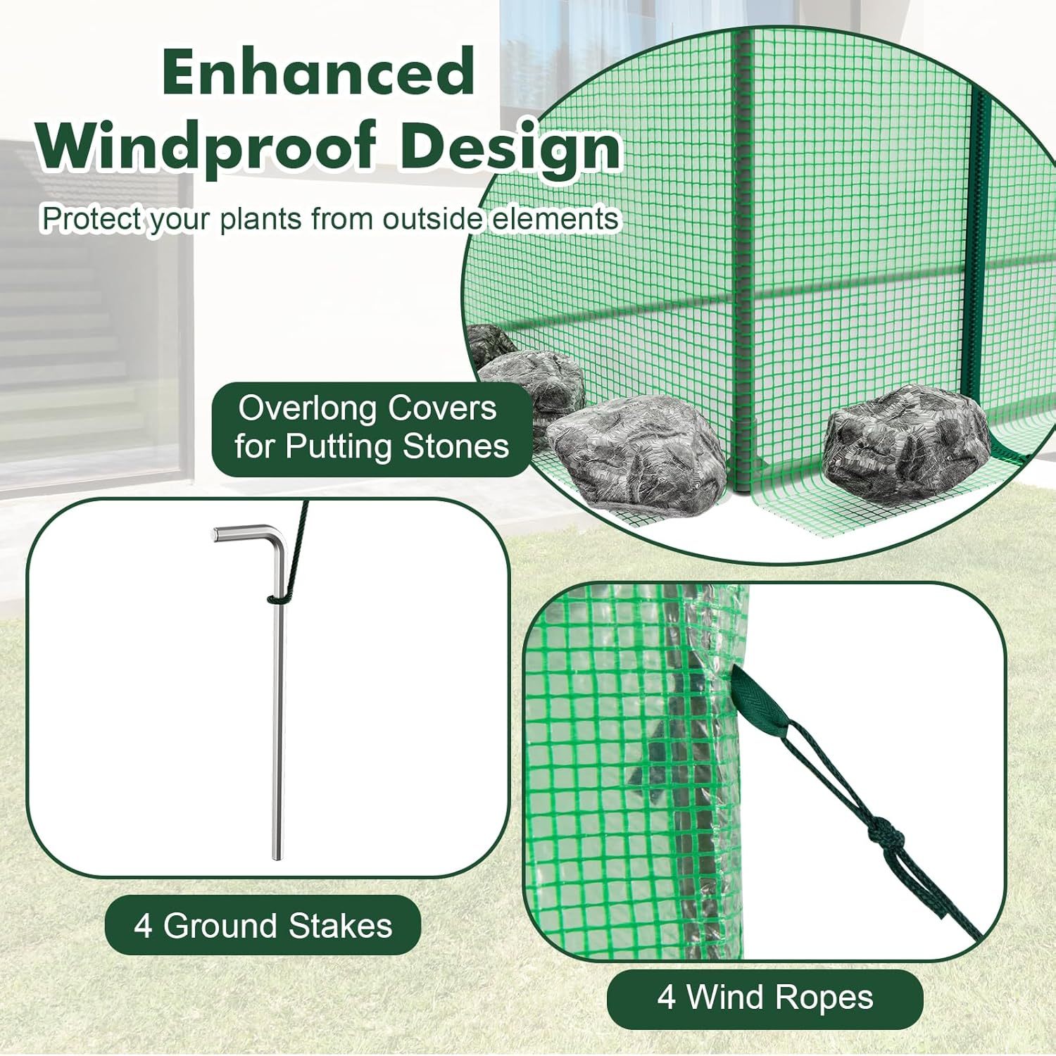 Portable Mini Greenhouse, Walk-in Greenhouse w/PE Cover, 4 Wind Ropes & Ground Stakes, Roll-up Zipper Door, Double-Layer Screen Windows, Greenhouses