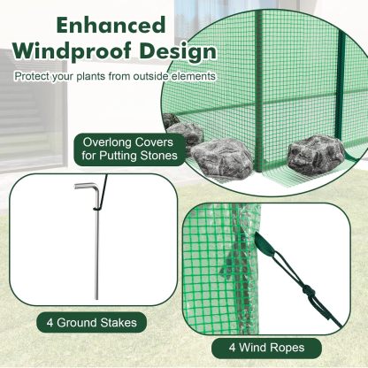 Portable Mini Greenhouse, Walk-in Greenhouse w/PE Cover, 4 Wind Ropes & Ground Stakes, Roll-up Zipper Door, Double-Layer Screen Windows, Greenhouses