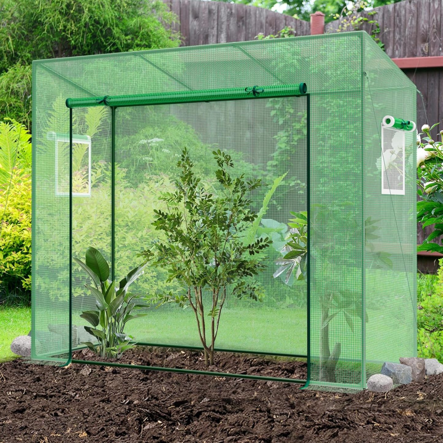 Portable Mini Greenhouse, Walk-in Greenhouse w/PE Cover, 4 Wind Ropes & Ground Stakes, Roll-up Zipper Door, Double-Layer Screen Windows, Greenhouses