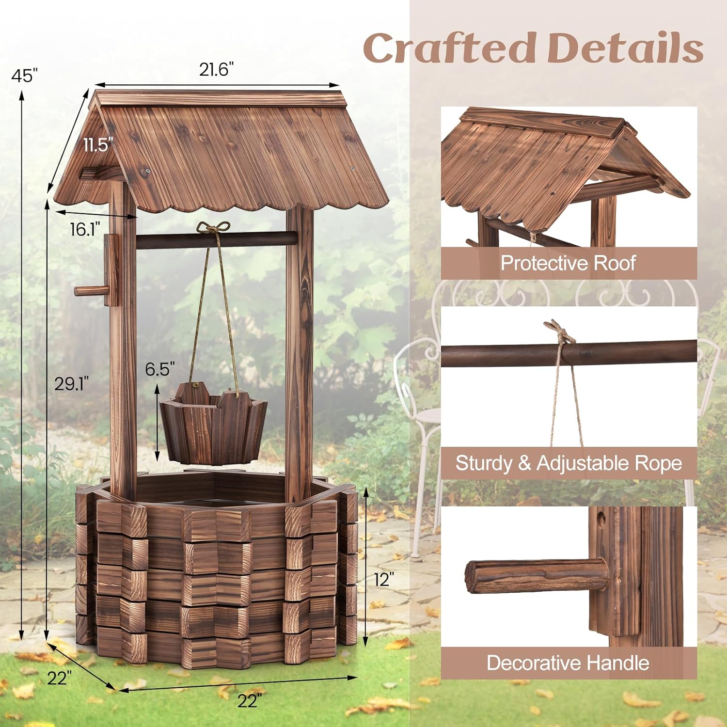 Wooden Wishing Well Planter with Hanging Bucket, Flower Plants Planter, Outdoor Wishing Wells for Yard