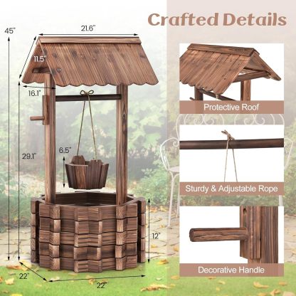 Wooden Wishing Well Planter with Hanging Bucket, Flower Plants Planter, Outdoor Wishing Wells for Yard