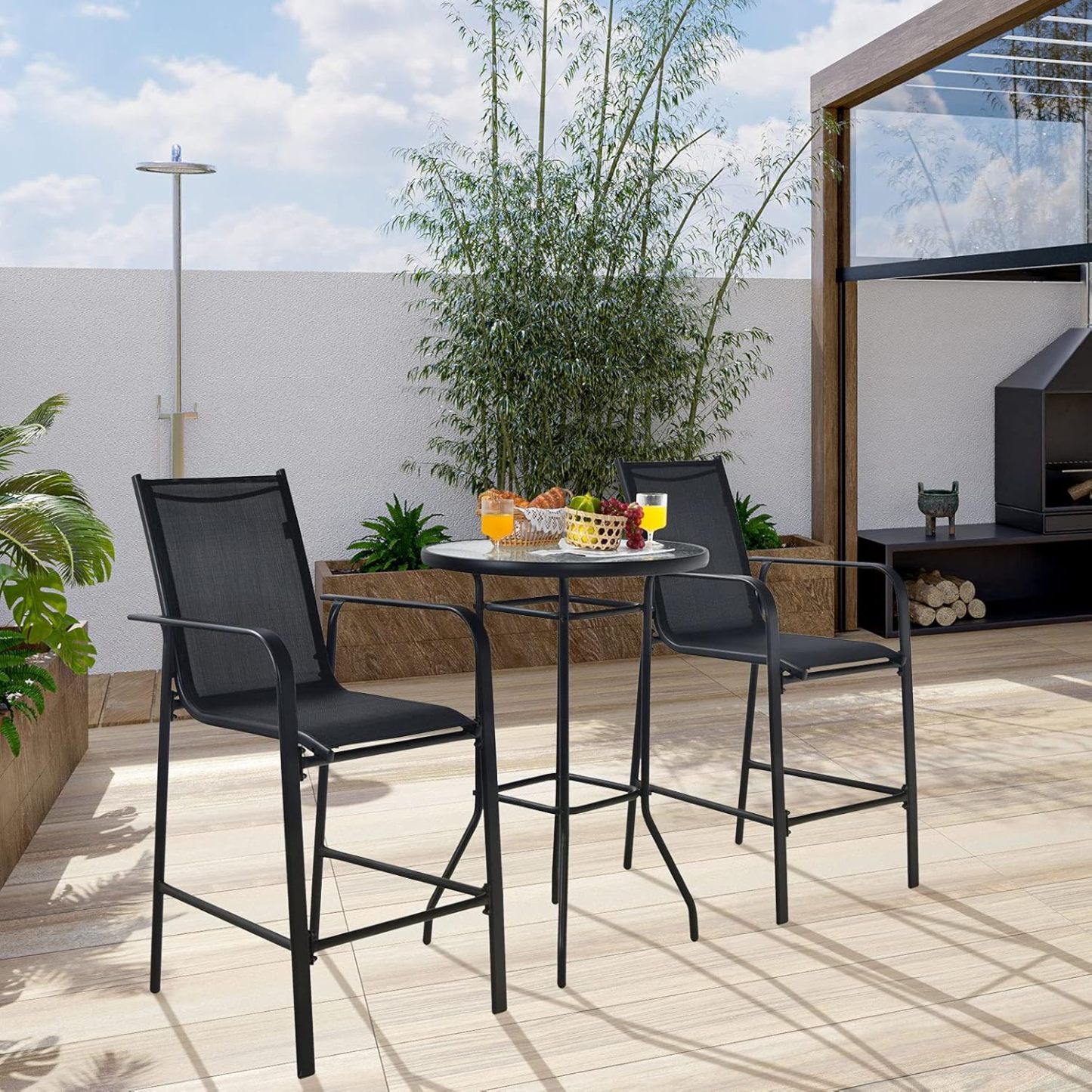 3-Piece Patio Bar Set Outdoor High Top Bistro Set with 2 Bar Stools and 1 Tempered Glass Top Table