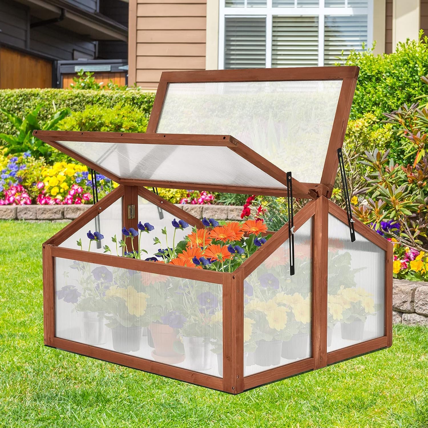 Cold Frame Greenhouse, Small Greenhouse with Foldable Transparent Top, Adjustable Stays & Easy Installation, Portable Mini Greenhouse for Indoor Outdoor Garden