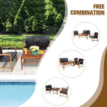 4 Pieces Patio Furniture Set Outdoor Patio Conversation Set with Coffee Table Loveseat Armchairs, Solid Acacia Wood, PE Wicker Surface, Modern Chat Set for Deck Poolside and Backyard