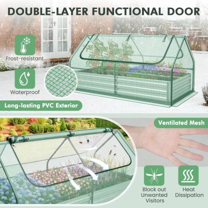 Raised Garden Bed with Cover, Outdoor Raised Planter Box Kit w/2 Large Zipper Mesh Screen Windows, Galvanized Metal Raised Bed Greenhouse for Gardening