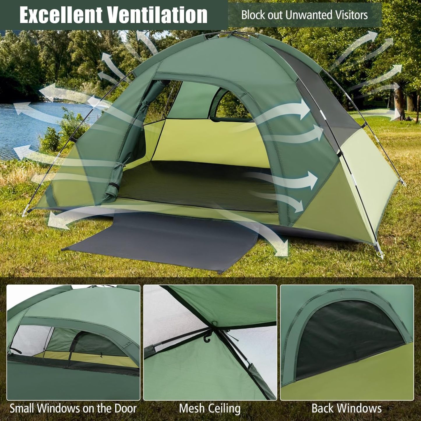 2-Person Camping Tent with Removable Rain Fly, Outdoor Tent with Double-Layer Door, 2 Mesh Windows, Carrying Bag, Portable Tent for Camping, Hiking, Traveling