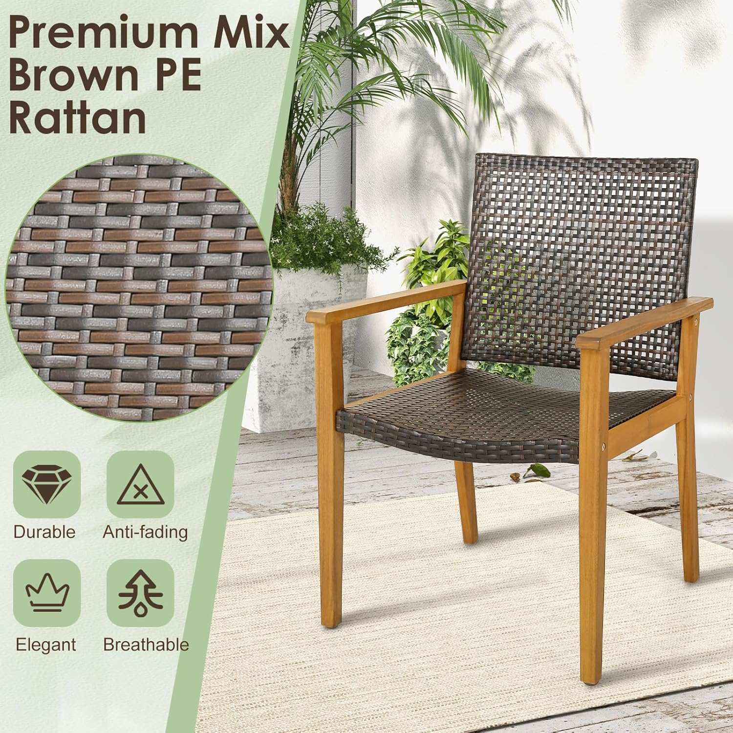 Patio Dining Chair Set of 4, Outdoor Rattan PE Wicker Dining Chairs with Sturdy Acacia Wood Frame, Ergonomic Curved Seat, Outside Rattan Armchairs for Balcony Porch Poolside