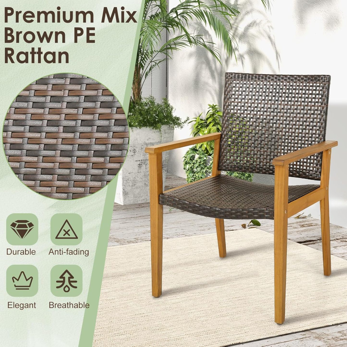 Patio Dining Chair Set of 4, Outdoor Rattan PE Wicker Dining Chairs with Sturdy Acacia Wood Frame, Ergonomic Curved Seat, Outside Rattan Armchairs for Balcony Porch Poolside