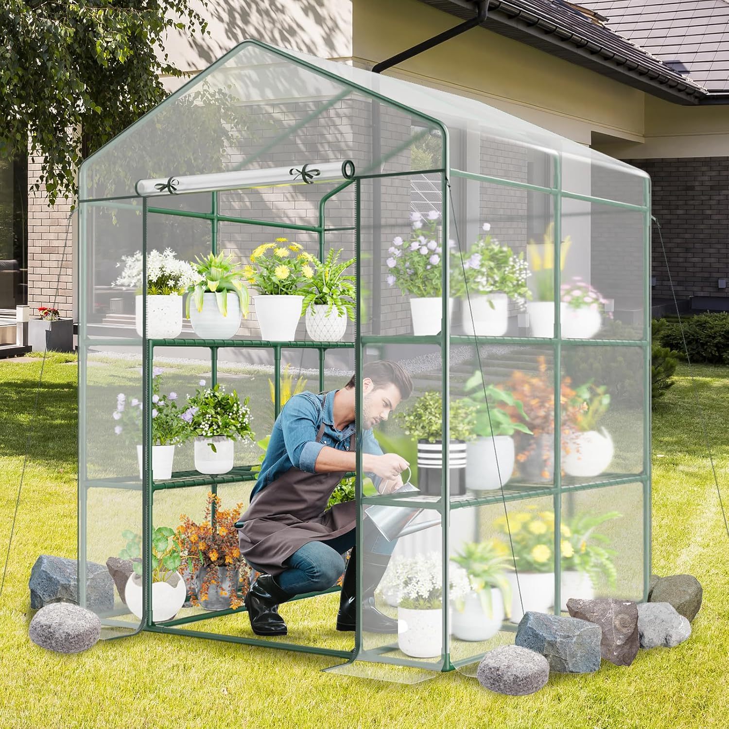Walk-in Greenhouse, Winter Hot House w/4 Tiers, 8 Shelves, Roll-up Zippered Door, Waterproof PVC Film, Portable Greenhouses for Outdoors for Potted Plants