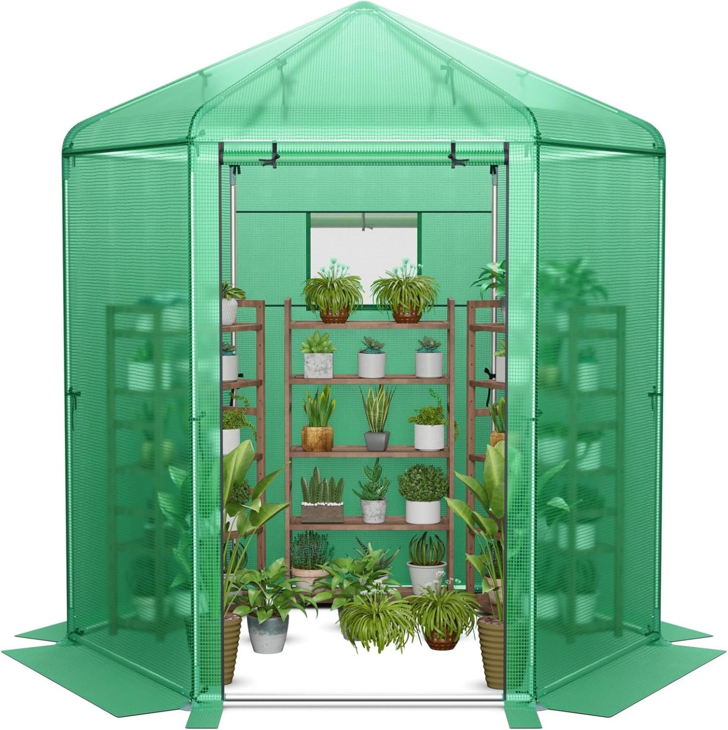 Walk-in Greenhouse, 7’x6’x7.5’ Outdoor Heavy Duty Greenhouse with PE Cover, Mesh Window & Roll-Up Door, Portable Greenhouse for Plant Gardening