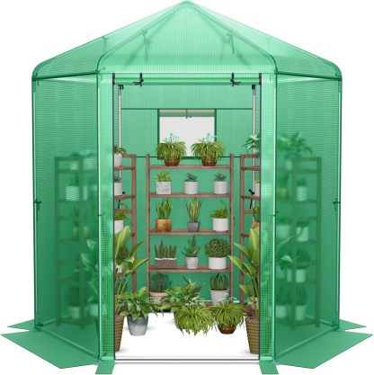 Walk-in Greenhouse, 7’x6’x7.5’ Outdoor Heavy Duty Greenhouse with PE Cover, Mesh Window & Roll-Up Door, Portable Greenhouse for Plant Gardening