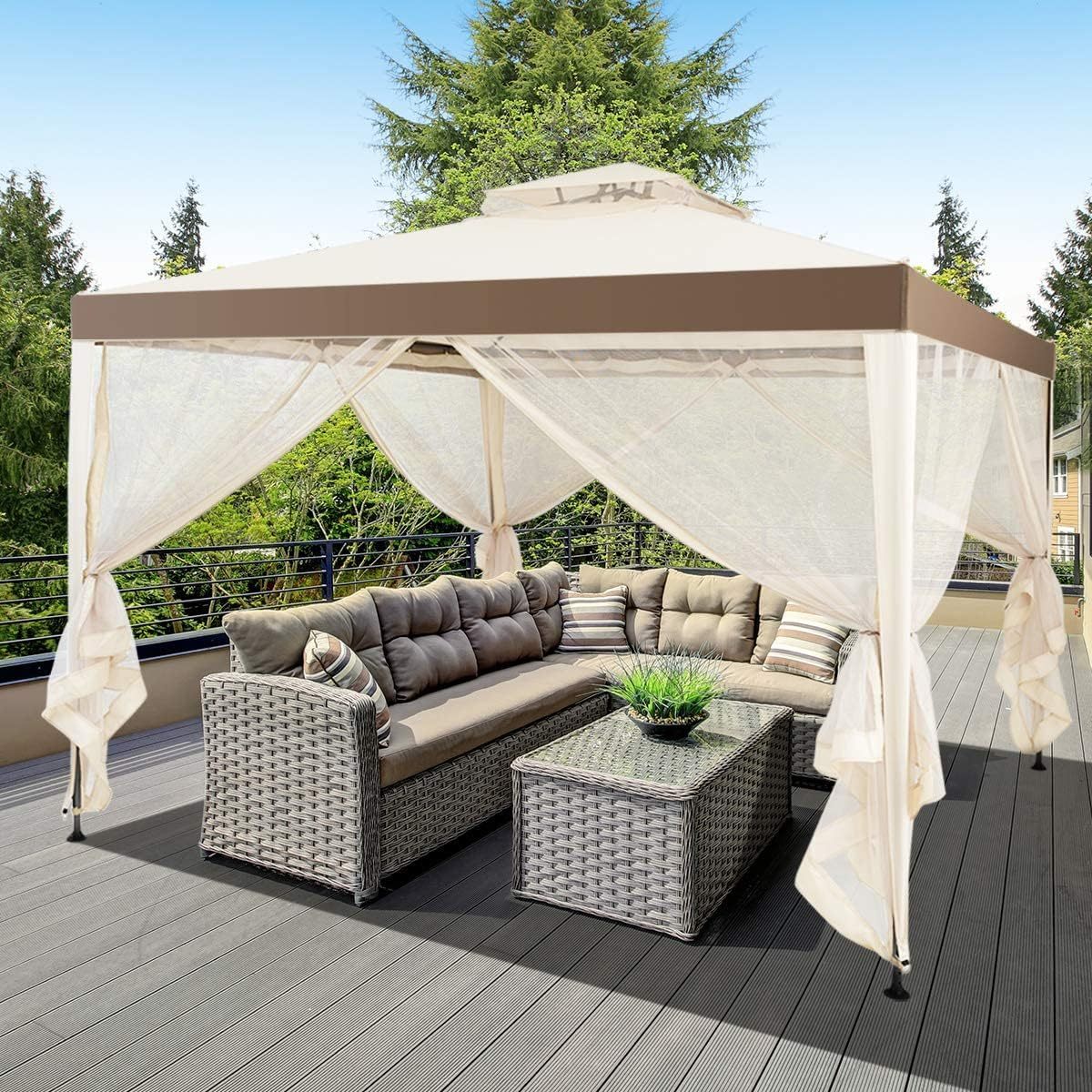 10FT Patio Canopy Gazebo with Double Tiered Roof, Outdoor Tent Shelter Garden Party Tent with Steel Frame & Removable Mesh Side Walls Net for Patio Lawn or Deck