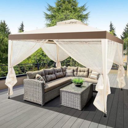 10FT Patio Canopy Gazebo with Double Tiered Roof, Outdoor Tent Shelter Garden Party Tent with Steel Frame & Removable Mesh Side Walls Net for Patio Lawn or Deck