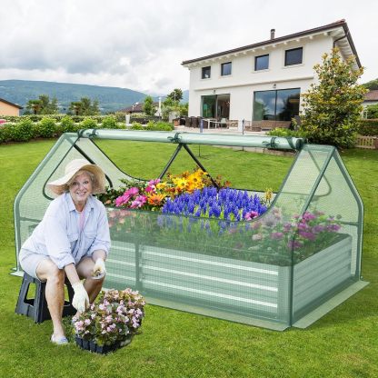 Raised Garden Bed with Cover, Outdoor Raised Planter Box Kit w/2 Large Zipper Mesh Screen Windows, Galvanized Metal Raised Bed Greenhouse for Gardening