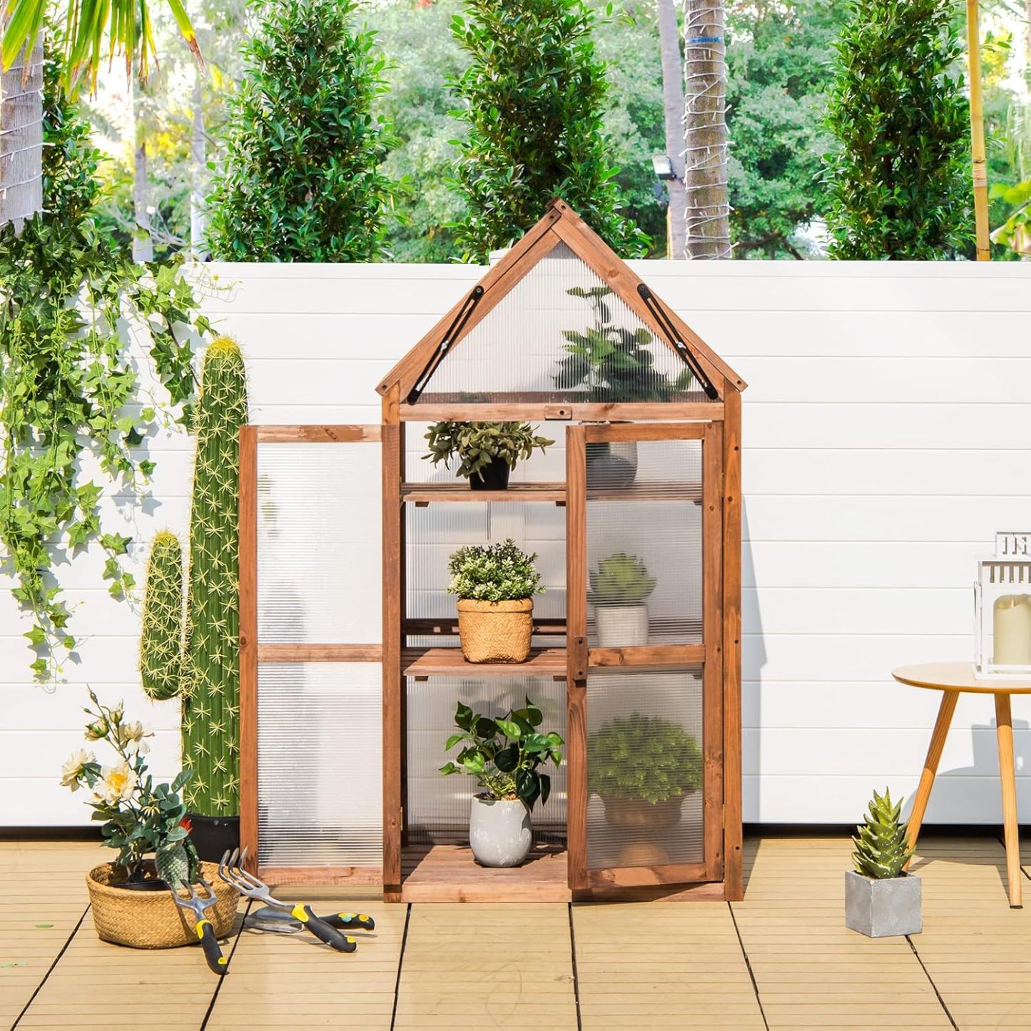 Cold Frame Greenhouse, Mini Wooden Greenhouse Raised Flower Planter Shelf w/Transparent Openable Roof, Double Doors & 3 Tier Shelves