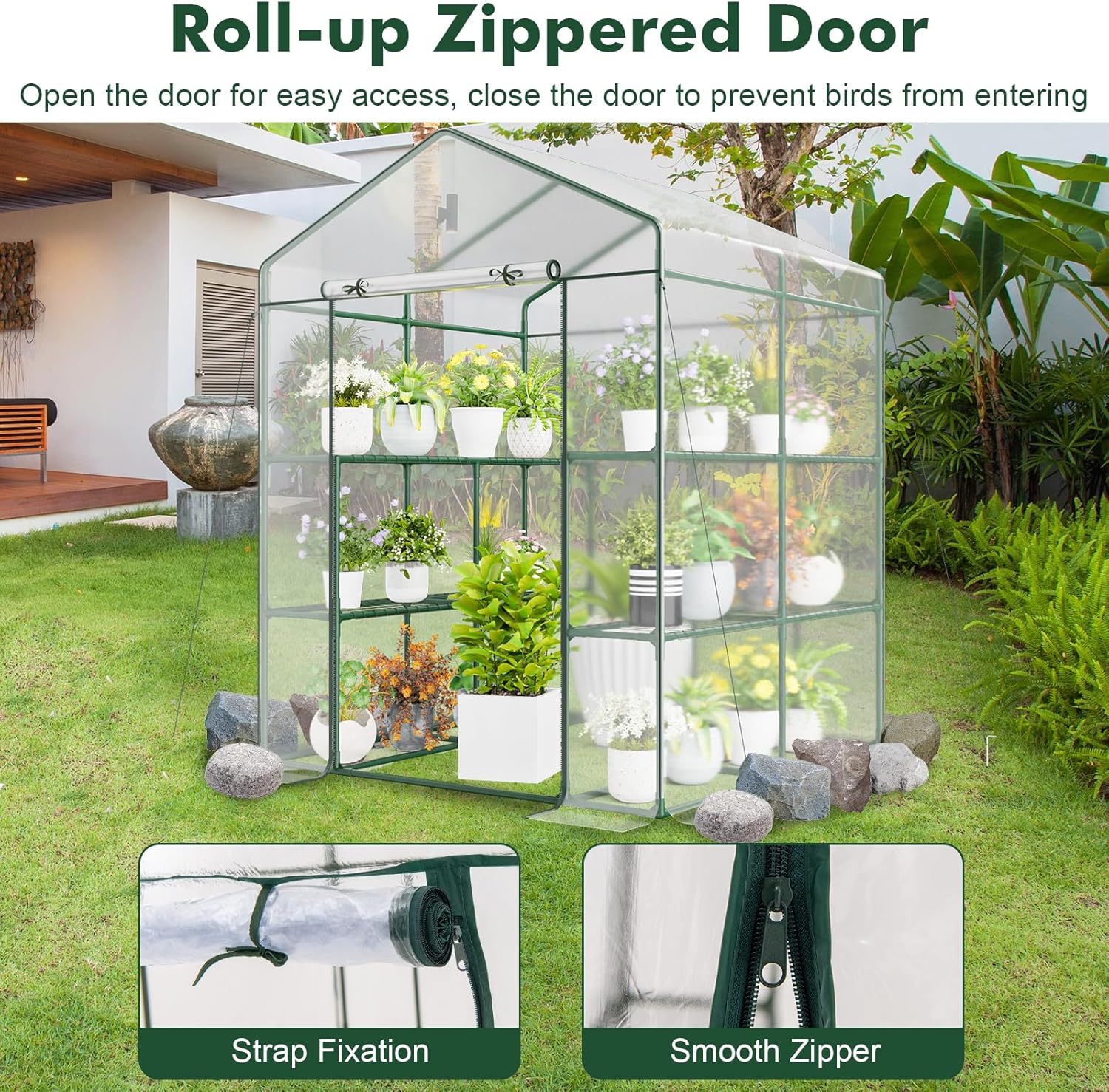 Walk-in Greenhouse, Winter Hot House w/4 Tiers, 8 Shelves, Roll-up Zippered Door, Waterproof PVC Film, Portable Greenhouses for Outdoors for Potted Plants