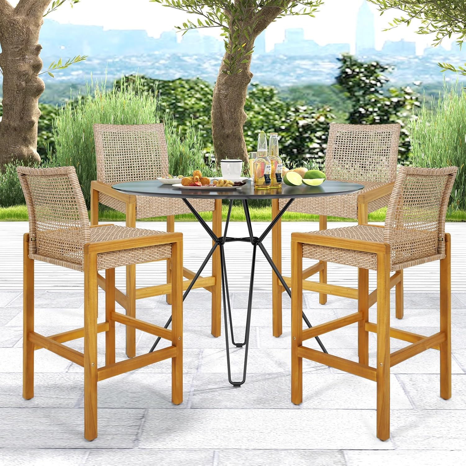 Wicker Bar Stools Set of 2, Patio Chairs with Solid Wood Frame, Ergonomic Footrest, Indoor Outdoor Bar Height Chairs
