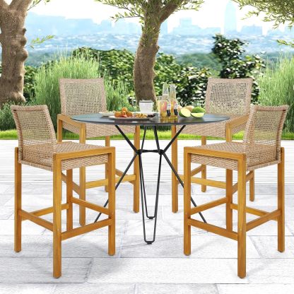 Wicker Bar Stools Set of 2, Patio Chairs with Solid Wood Frame, Ergonomic Footrest, Indoor Outdoor Bar Height Chairs