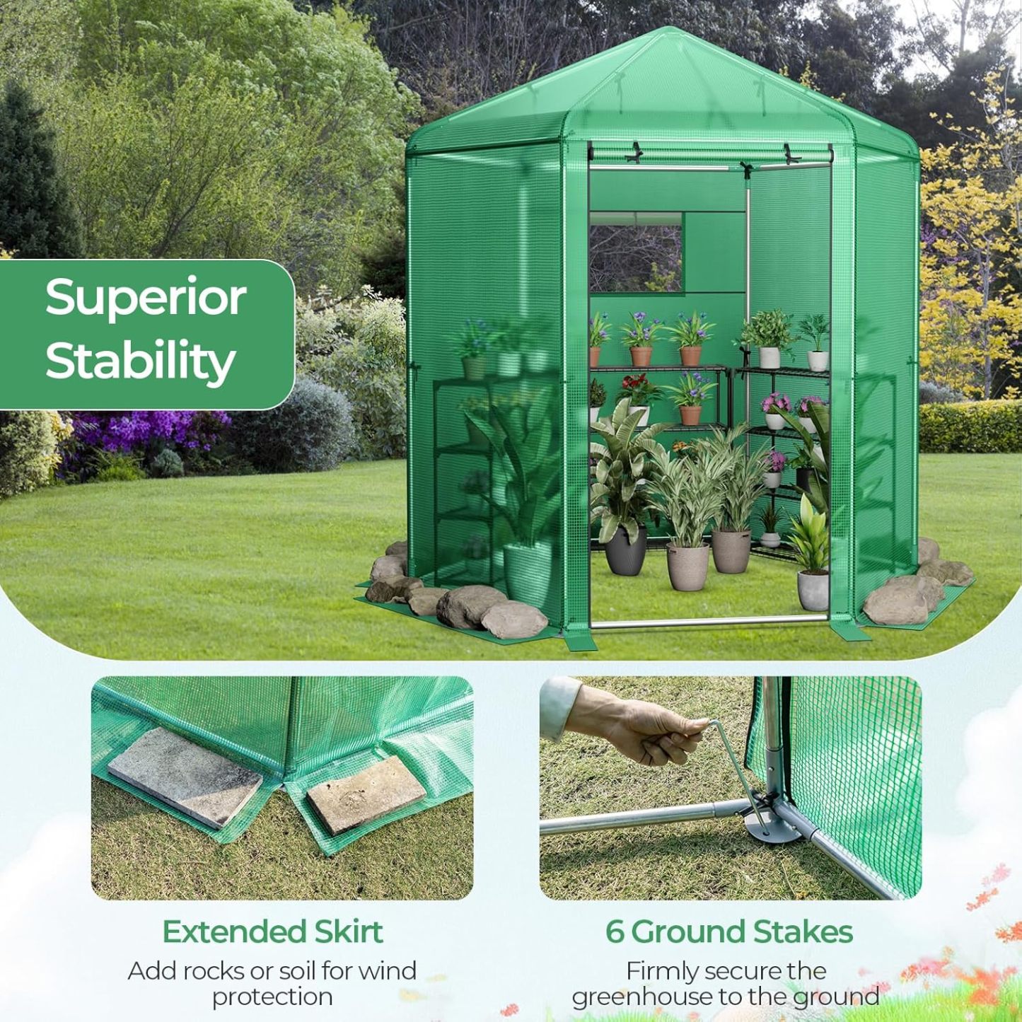 Walk-in Greenhouse, 7’x6’x7.5’ Outdoor Heavy Duty Greenhouse with PE Cover, Mesh Window & Roll-Up Door, Portable Greenhouse for Plant Gardening