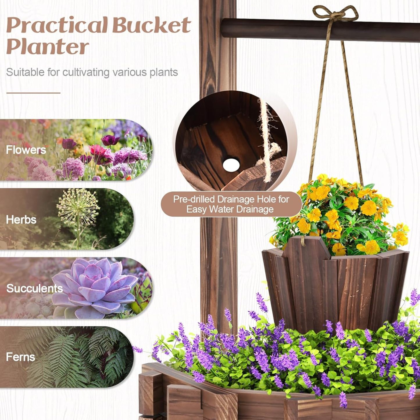 Wooden Wishing Well Planter with Hanging Bucket, Flower Plants Planter, Outdoor Wishing Wells for Yard