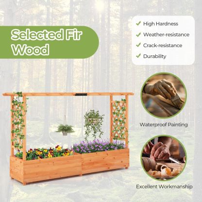 Raised Garden Bed with Trellis, Freestanding Wood Planter Box w/Hanging Roof & 8 Drainage Holes for Vine, Climbing Plants, Flowers, Outdoor Planter with Trellis