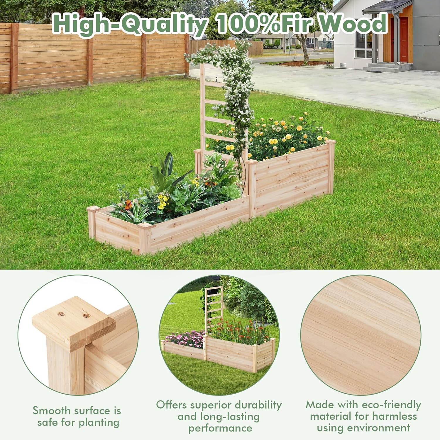 Raised Garden Bed with Trellis, Wood Garden Box w/Open Base Design & 2 Compartments, Outdoor Wooden Planter Box Kit for Vine Climbing, Fruits, Vegetables, Flowers, Herbs