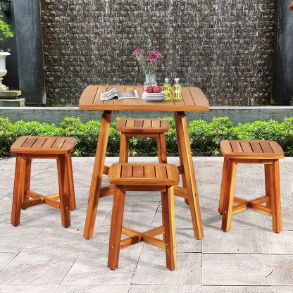 5 Pieces Wooden Patio Dining Set, Outdoor Acacia Wood Dining Furniture Set with 4 Stools, Wood Table and Armless Chairs for Garden Porch Backyard Balcony Poolside