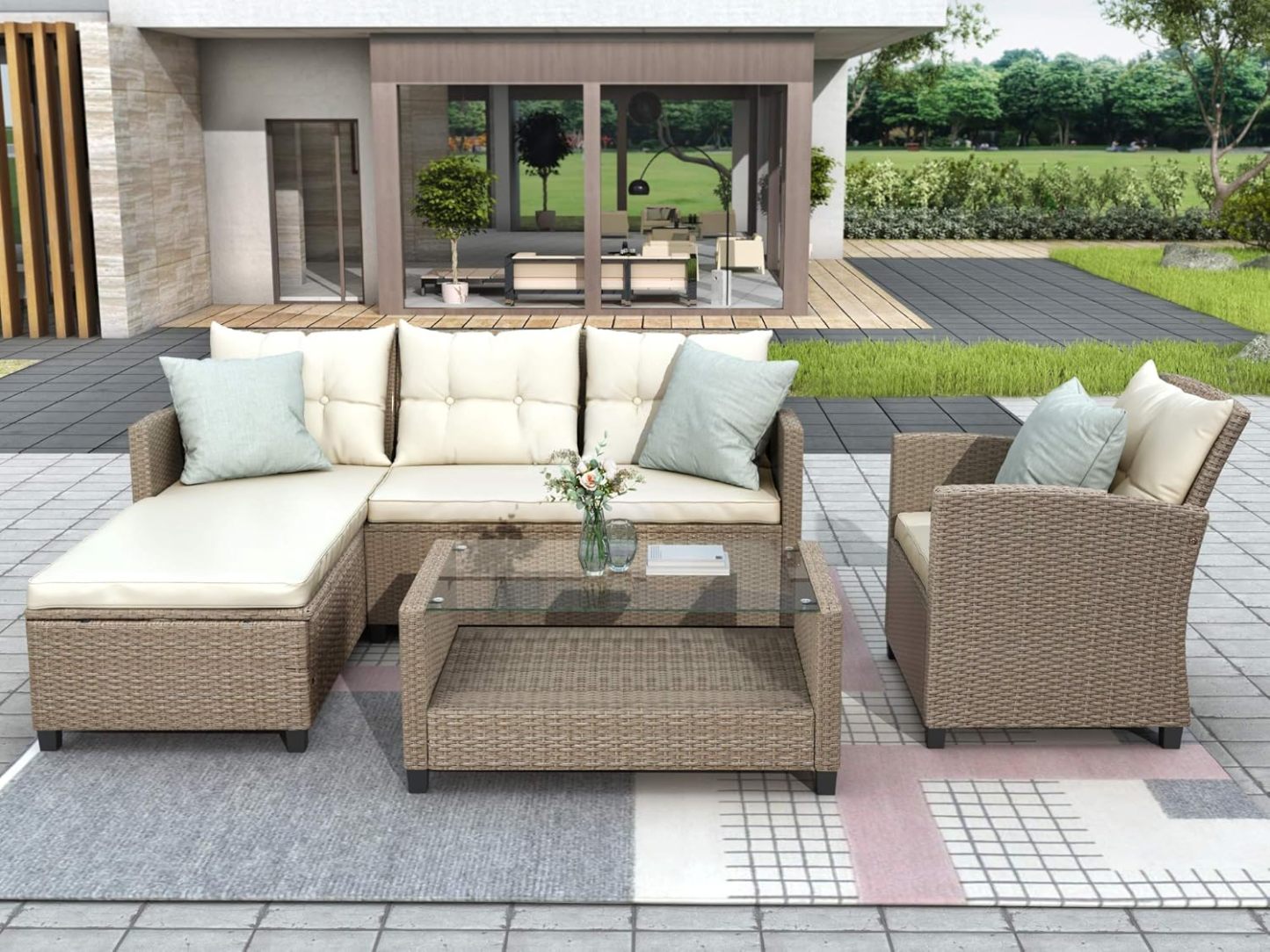 4-Piece Conversation Set Wicker Ratten Sectional Sofa Outdoor Couch with Coffee Table and Cushions Lounge Sofa for Yard, Garden (Beige)