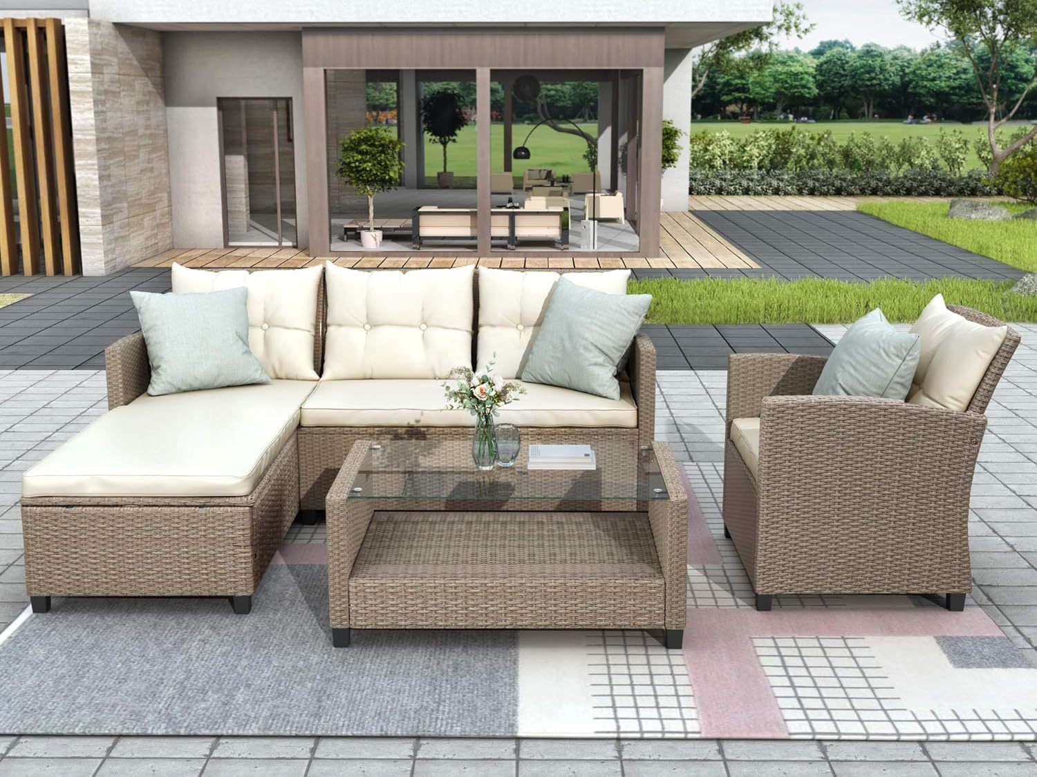 4-Piece Conversation Set Wicker Ratten Sectional Sofa Outdoor Couch with Coffee Table and Cushions Lounge Sofa for Yard, Garden (Beige)