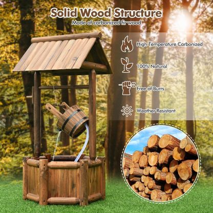 Outdoor Wishing Well Water Fountain, Old-Fashioned Wood Waterfall Fountain with Bucket Pump