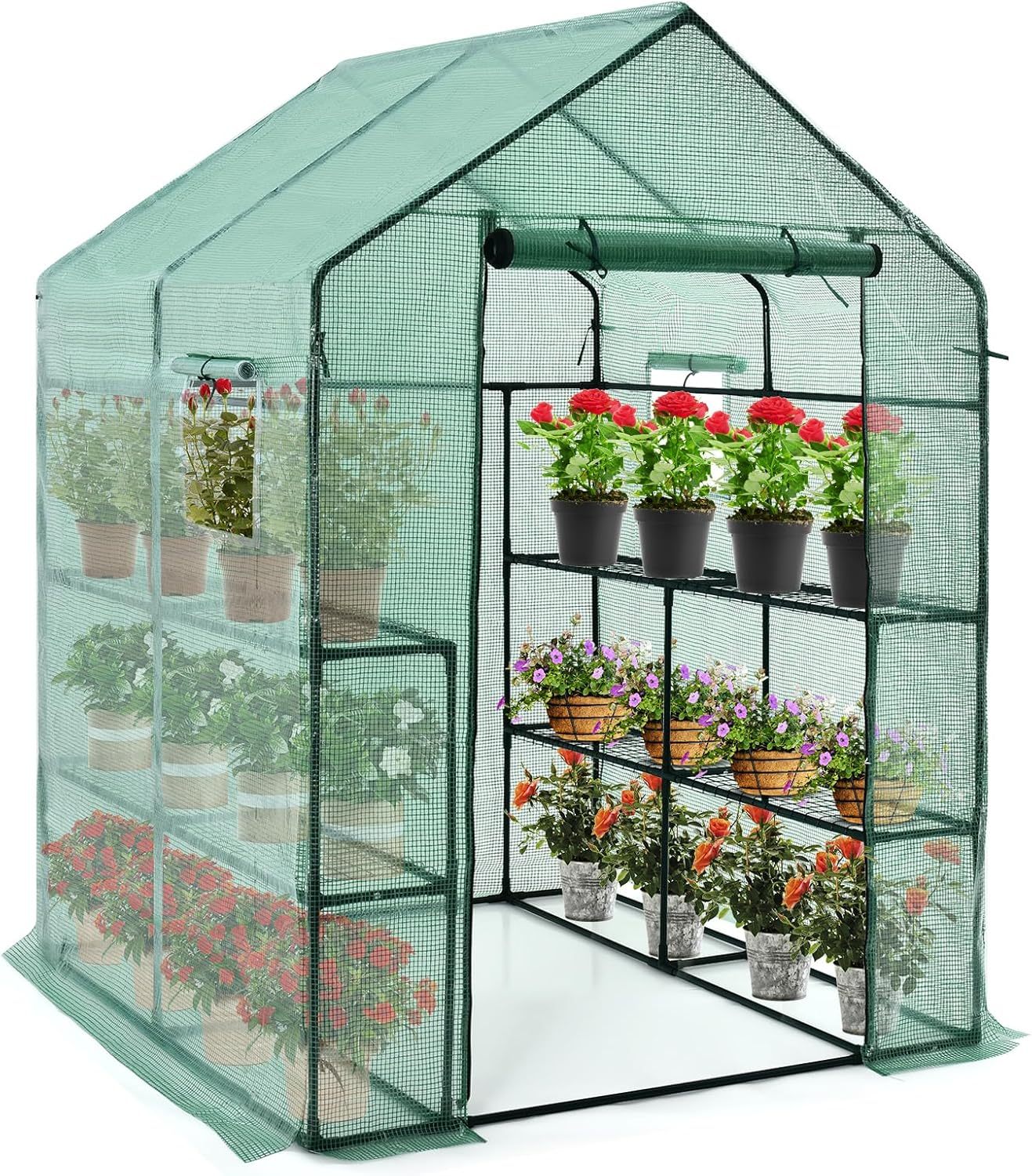 Walk-in Greenhouse, Portable Greenhouses for Outdoors w/8 Shelves, Roll-Up Zippered Door, 2 Observation Windows & 2 Tiers, Weather-Proof PE Cover