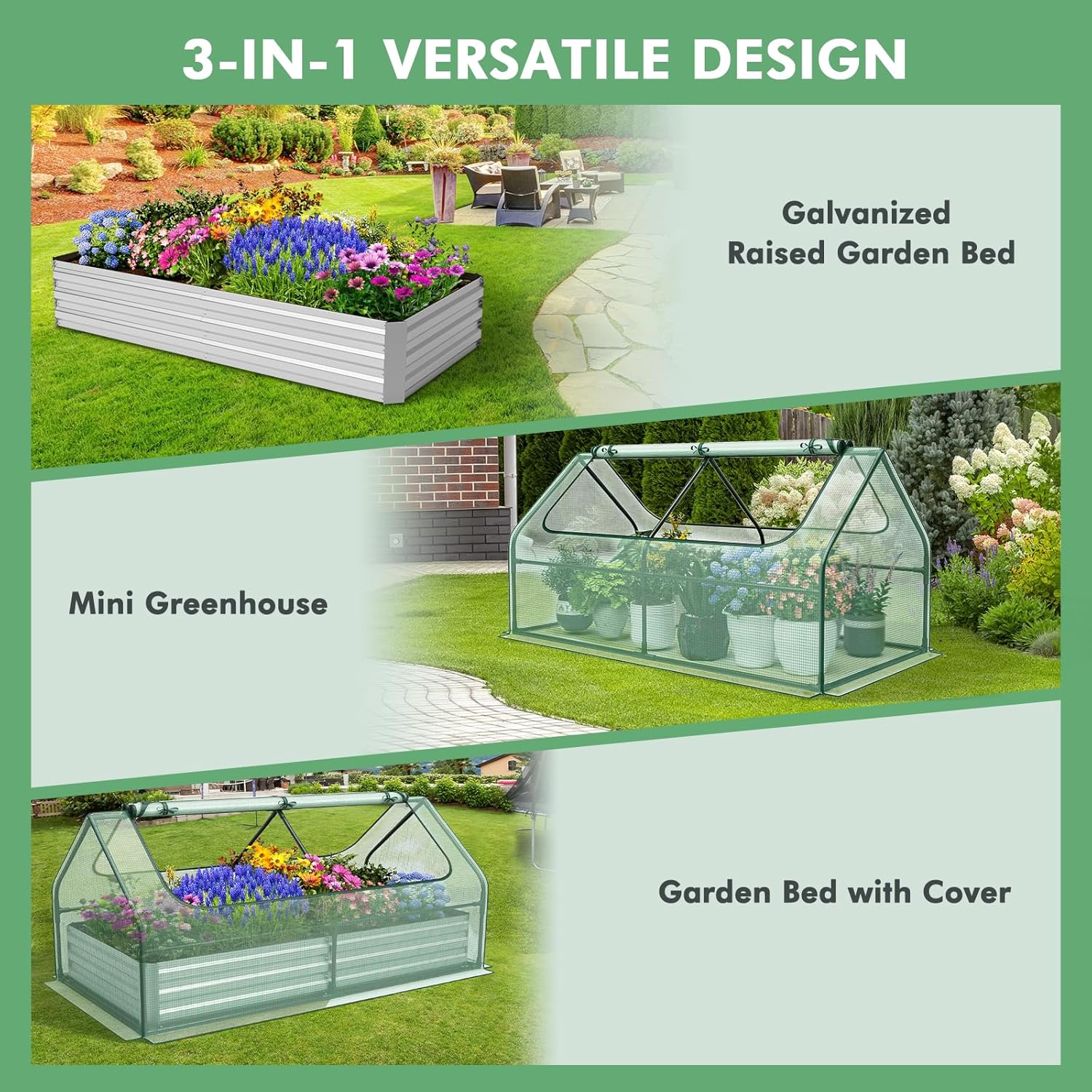 Raised Garden Bed with Cover, Outdoor Raised Planter Box Kit w/2 Large Zipper Mesh Screen Windows, Galvanized Metal Raised Bed Greenhouse for Gardening