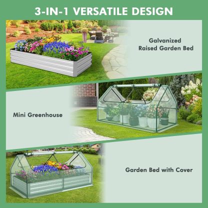Raised Garden Bed with Cover, Outdoor Raised Planter Box Kit w/2 Large Zipper Mesh Screen Windows, Galvanized Metal Raised Bed Greenhouse for Gardening