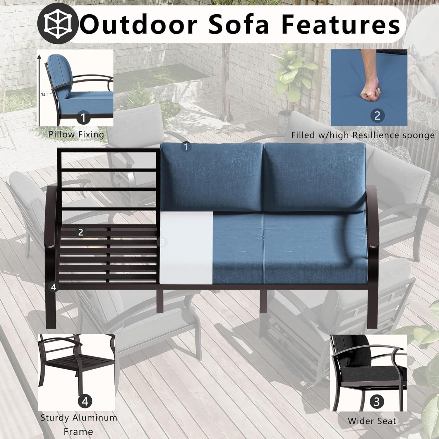 5-Piece Aluminum Armrest Sofa, Modern Outdoor Living Room Set with 55000 BTU Propane Aluminum Fireplace