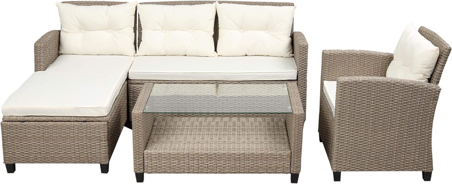 4-Piece Conversation Set Wicker Ratten Sectional Sofa Outdoor Couch with Coffee Table and Cushions Lounge Sofa for Yard, Garden (Beige)