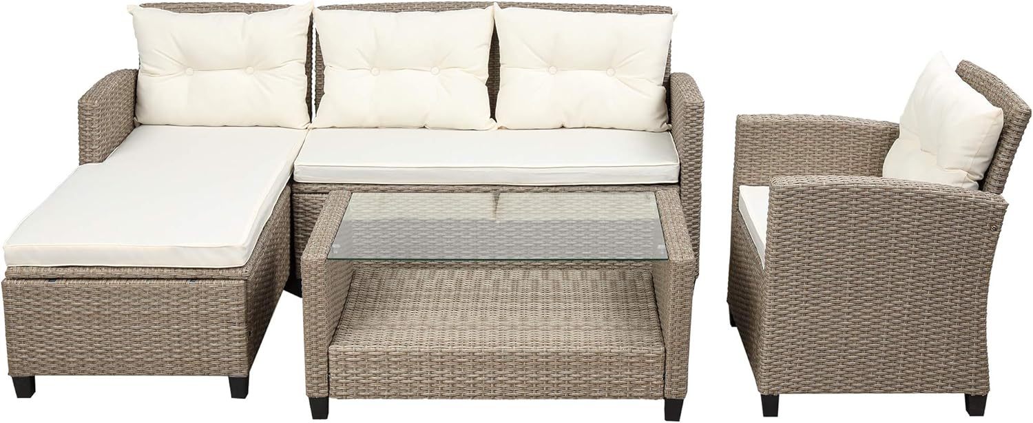 4-Piece Conversation Set Wicker Ratten Sectional Sofa Outdoor Couch with Coffee Table and Cushions Lounge Sofa for Yard, Garden (Beige)