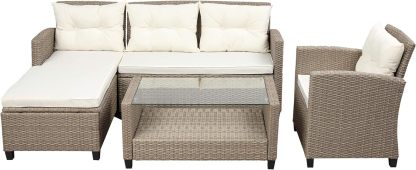 4-Piece Conversation Set Wicker Ratten Sectional Sofa Outdoor Couch with Coffee Table and Cushions Lounge Sofa for Yard, Garden (Beige)
