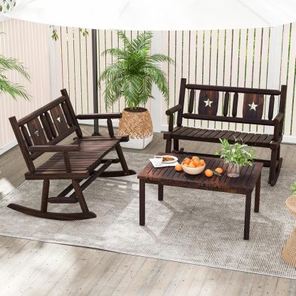 Outdoor Wood Rocking Bench Carbonized Double Rocking Chair for 2 Persons with Wide Curved Seat, Porch Rocker for Porch, Garden, Backyard, 710LBS Capacity, Rustic Brown