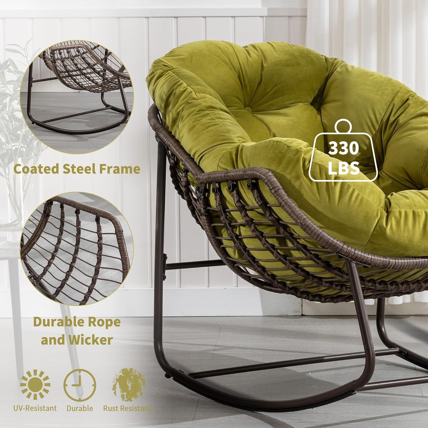 Outdoor Wicker Papasan Chair - Oversized Comfy Patio Rocking Chair Egg Royal Rattan Rocking Chair with Cushion