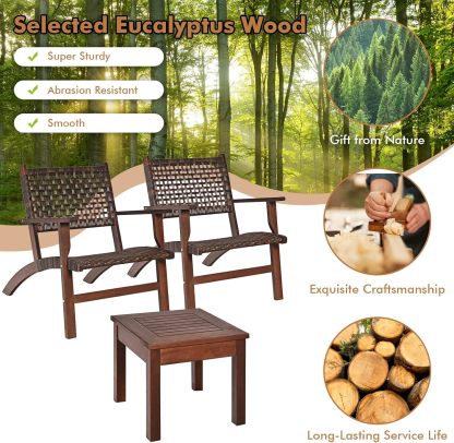 3 Piece Patio Conversation Set Eucalyptus Wood Chair with Rattan Wicker Back & Seat, Ergonomic Curved Design, Patio Bistro Set with Compact Coffee Table for Poolside Backyard Garden