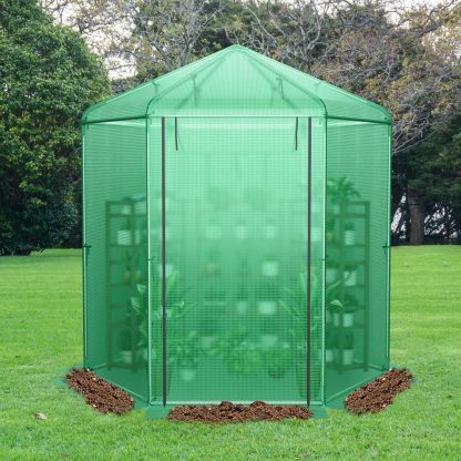 Walk-in Greenhouse, 7’x6’x7.5’ Outdoor Heavy Duty Greenhouse with PE Cover, Mesh Window & Roll-Up Door, Portable Greenhouse for Plant Gardening