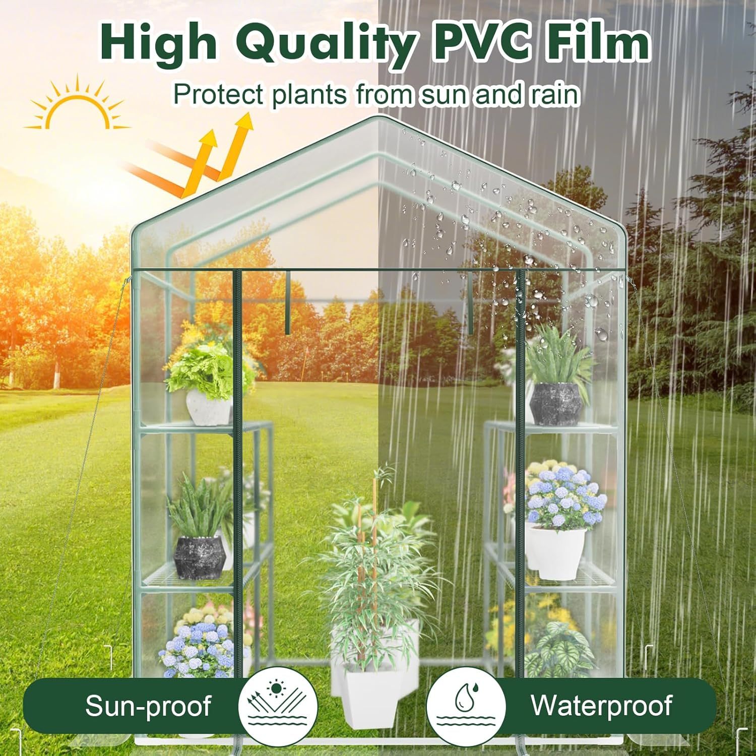 Walk-in Greenhouse, Winter Hot House w/4 Tiers, 8 Shelves, Roll-up Zippered Door, Waterproof PVC Film, Portable Greenhouses for Outdoors for Potted Plants