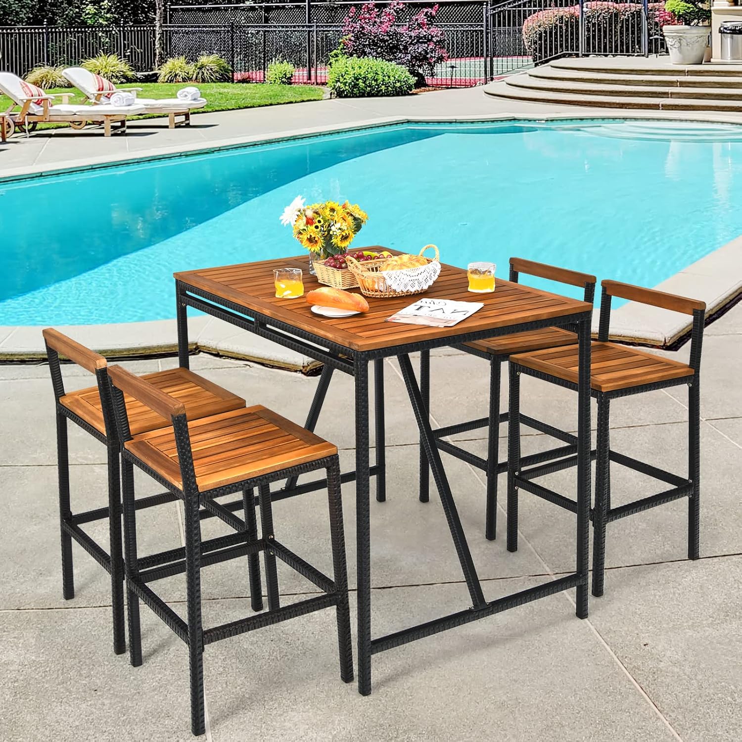 5 Pieces Patio Bar Table Set with Umbrella Hole Acacia Wood High-Dining Bistro Set with 4 Bar Stool, PE Wicker Outdoor Bar Set